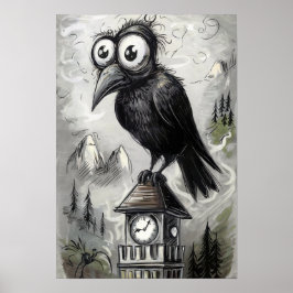 Gothic Black Crow & Tower Spooky Halloween Poster