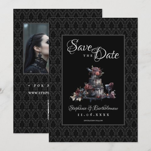 Gothic Black Damask Photo Save The Date (Vorne/Hinten)