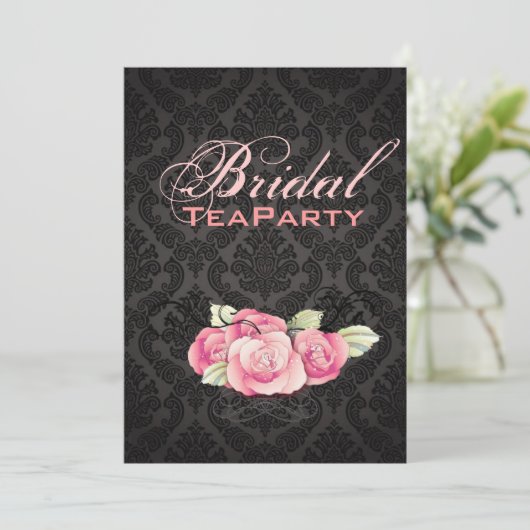 Gothic Black Damask Rosa Rosa Brautparty Einladung (Stehend Vorderseite)