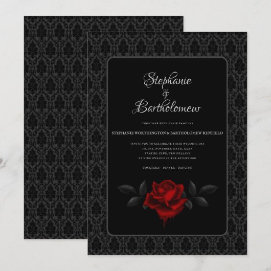 Gothic Black Damask Rose Wedding Einladung (Vorne/Hinten)