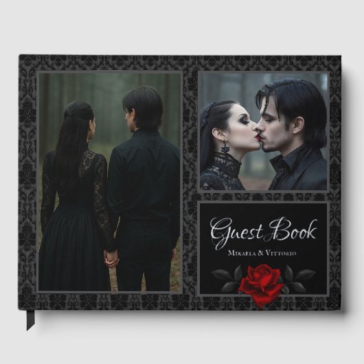 Gothic Black Damask Rose Wedding Gästebuch (Vorderseite)