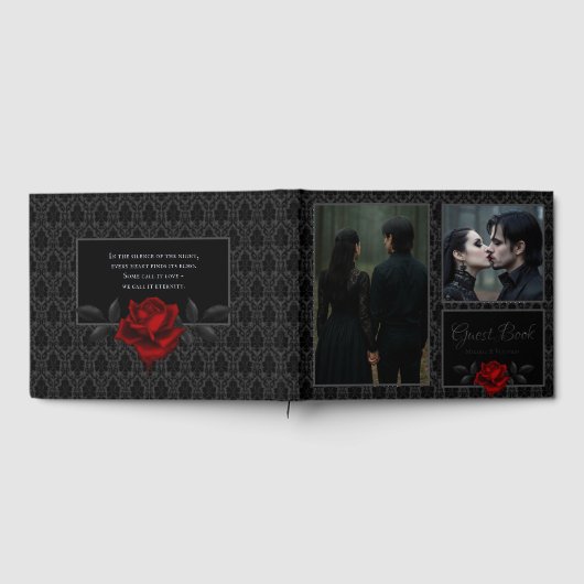 Gothic Black Damast Rose Hochzeit Gästebuch (Voll)
