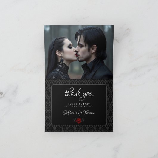 Gothic Black Damast Rosenhochzeit Dankeskarte (Innenseite)