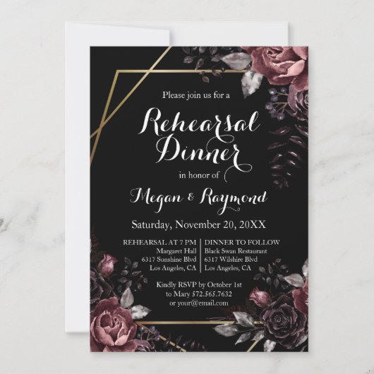 Gothic Black Dark Florals Probe Dinner Einladung (Vorderseite)