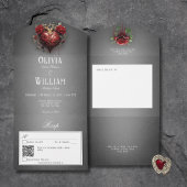 Gothic Black Dark Heart & Rote Rosen QR Code All In One Einladung