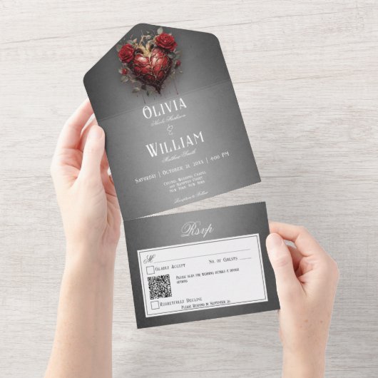 Gothic Black Dark Heart & Rote Rosen QR Code All In One Einladung (Abreißen)