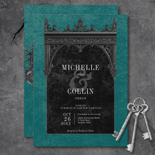 Gothic Black Double Arch Schwarze Rosen Teal Hochz Einladung