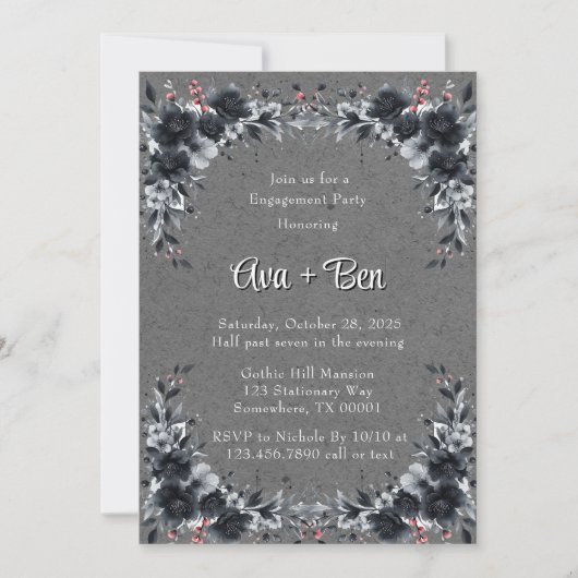 Gothic Black Floral Border Engagement Party Einladung (Vorderseite)