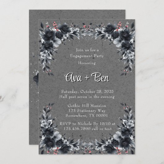 Gothic Black Floral Border Engagement Party Einladung (Vorne/Hinten)