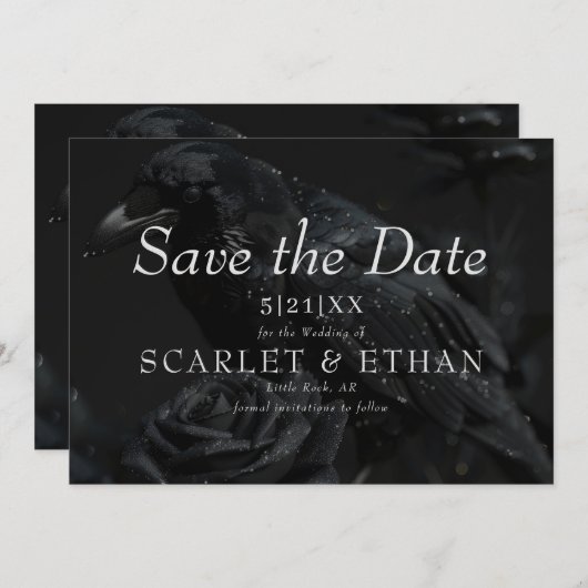 Gothic Black Floral Raven & Rose Wedding Save The Date (Vorne/Hinten)