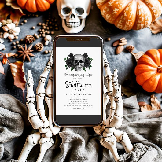 Gothic Black Floral Skull Halloween Einladung