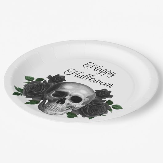 Gothic Black Floral Skull Halloween Pappteller (Schrägansicht)