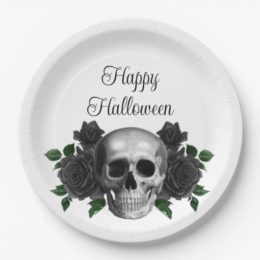 Gothic Black Floral Skull Halloween Pappteller (Vorderseite)