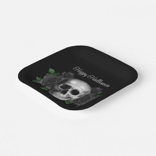 Gothic Black Floral Skull Halloween Pappteller (Gewinkelt)