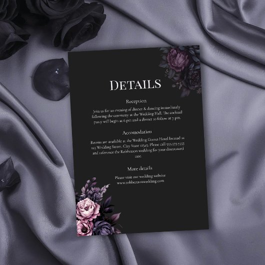 Gothic Black Floral Wedding Details Card Einladung