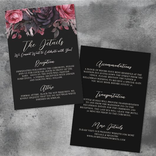 Gothic Black Floral Wedding Details Unterkünfte Begleitkarte