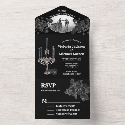 Gothic Black Floral Wedding Foto All In One Einladung (Innen Boden)