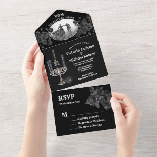 Gothic Black Floral Wedding Foto All In One Einladung