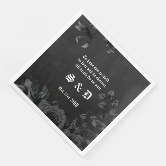 Gothic Black Floral White Lettering Wedding Serviette (Ecke)