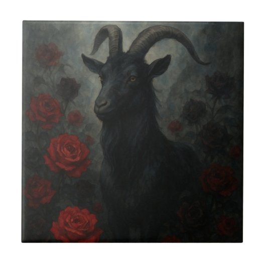 Gothic Black Goat mit Rote Rosen Dark Art Fliese