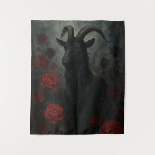 Gothic Black Goat mit Rote Rosen Dark Art Wandteppich (Vorderseite)