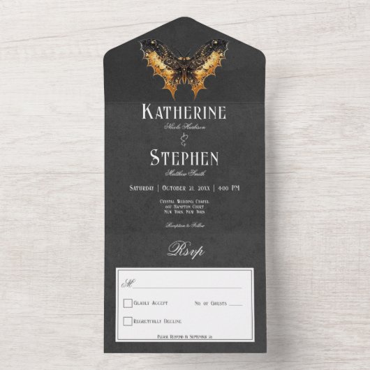Gothic Black & Gold Moth Moody No Dinner All In One Einladung (Innen Boden)