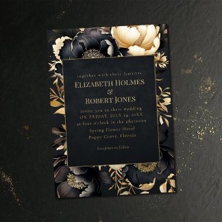 Gothic Black & Gold Peony Wedding Invitation Einladung
