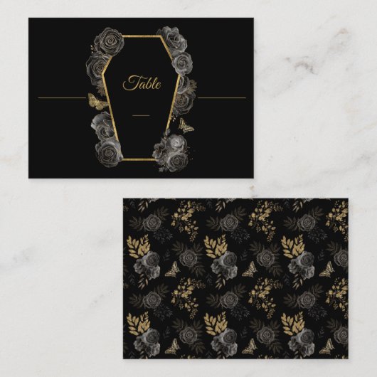 Gothic Black & Gold Rose Coffin Wedding Pattern Platzkarte (Vorne/Hinten)