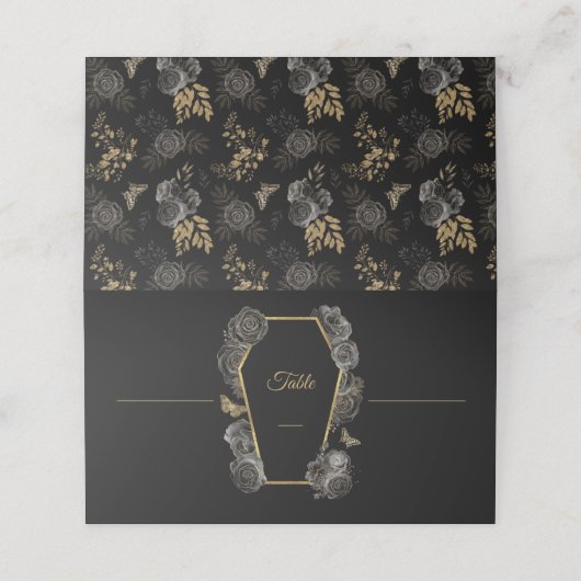 Gothic Black & Gold Rose Coffin Wedding Pattern Platzkarte (Außenseite Aufgefaltet)