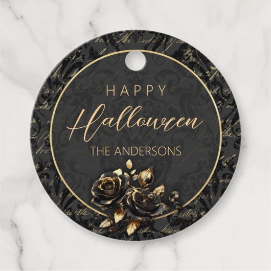 Gothic black gold rose damask elegant Halloween Geschenkanhänger (Vorderseite)