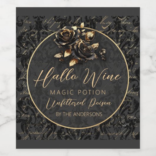Gothic Black Gold Rose Damask lustiges Halloween Weinetikett (Einzelnes Label)