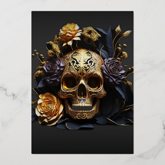 Gothic Black Gold Skull Adult Halloween-Party Folieneinladung (Vorderseite)