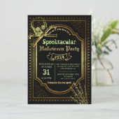Gothic Black & Gold Skull Halloween Party Einladung (Stehend Vorderseite)