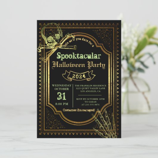 Gothic Black & Gold Skull Halloween Party Einladung (Stehend Vorderseite)