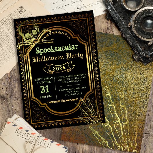 Gothic Black & Gold Skull Halloween Party Einladung