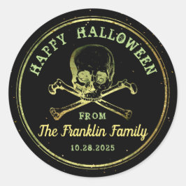 Gothic Black & Gold Skull Happy Halloween Runder Aufkleber