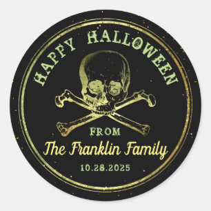 Gothic Black & Gold Skull Happy Halloween Runder Aufkleber
