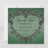 Gothic Black & Green Filigree Heart Wedding Save The Date (Vorderseite)