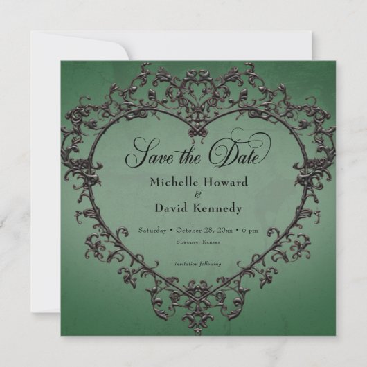 Gothic Black & Green Filigree Heart Wedding Save The Date (Vorderseite)