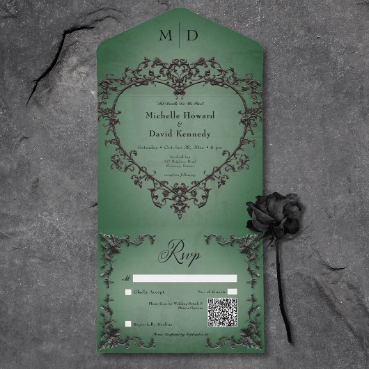 Gothic Black & Green Filigree Herz QR Code All In One Einladung