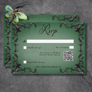 Gothic Black & Green Filigree Herz QR Code RSVP Karte