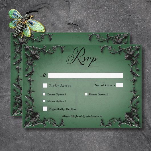 Gothic Black & Green Filigree Herzessen RSVP Karte