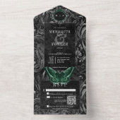 Gothic Black Green Filigree Moth QR Code Wedding All In One Einladung (Innen Boden)