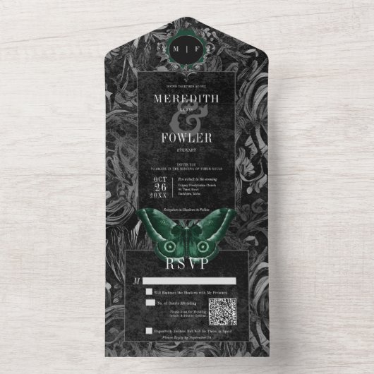 Gothic Black Green Filigree Moth QR Code Wedding All In One Einladung (Innen Boden)