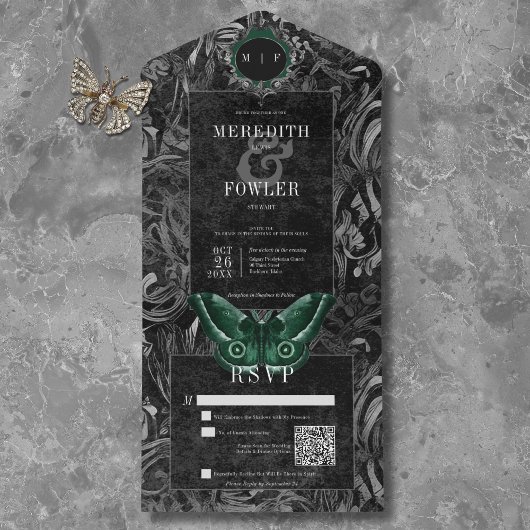 Gothic Black Green Filigree Moth QR Code Wedding All In One Einladung