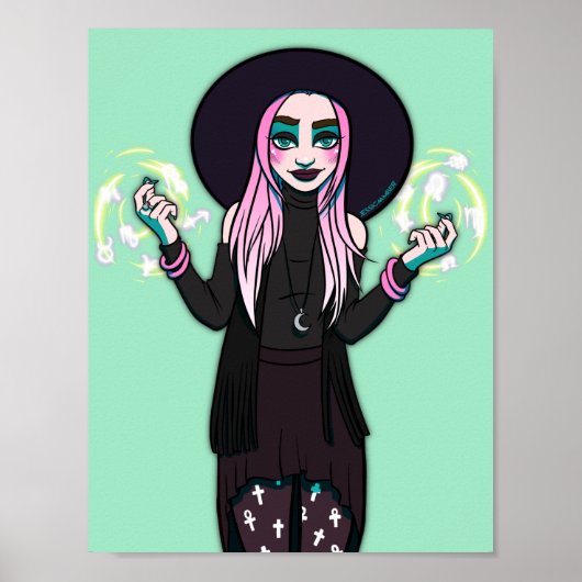 Gothic Black Green Modern Anime Witch Illustration Poster (Vorne)