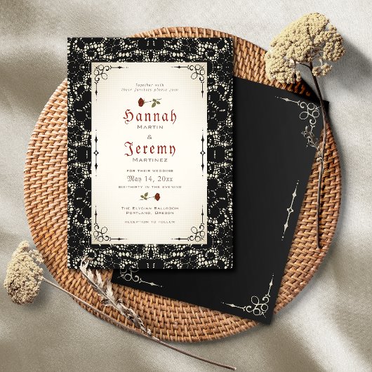 Gothic Black Lace Rote Rose Hochzeit Einladung