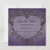 Gothic Black & Lila Filigree Heart Wedding Save The Date (Vorderseite)