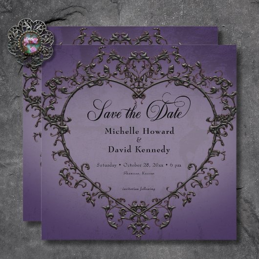 Gothic Black & Lila Filigree Heart Wedding Save The Date
