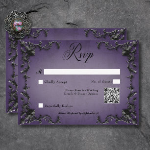 Gothic Black & Lila Filigree Herz QR Code RSVP Karte